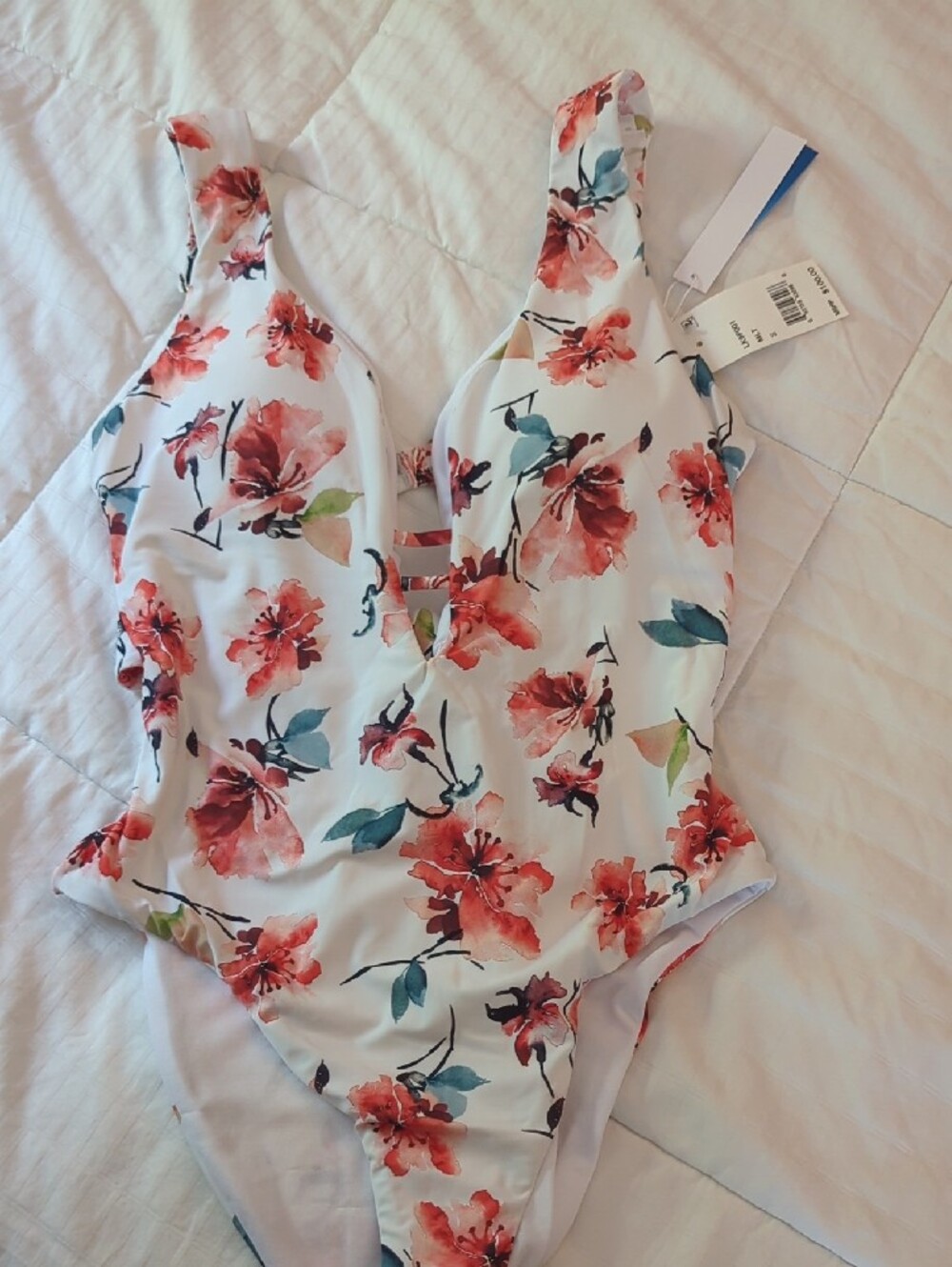 NWT- Lucky Brand Slimming White One-Piece Swimsuit with Red Floral Print